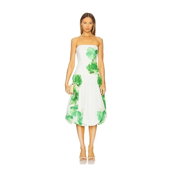 Amanda Uprichard Floral Print Bubble Hem Midi Dress Strapless Green White M  - threedaughtersproperties.com